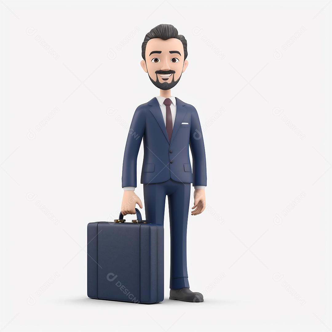 Homem de negócios sorridente segurando maleta isolada no fundo branco. Estilo de desenho animado 3D.