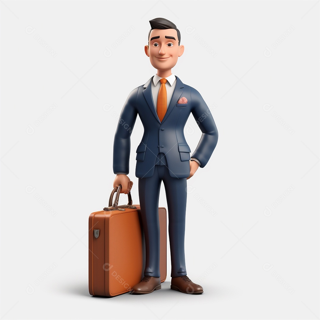Homem de negócios sorridente segurando maleta isolada no fundo branco. Estilo de desenho animado 3D.