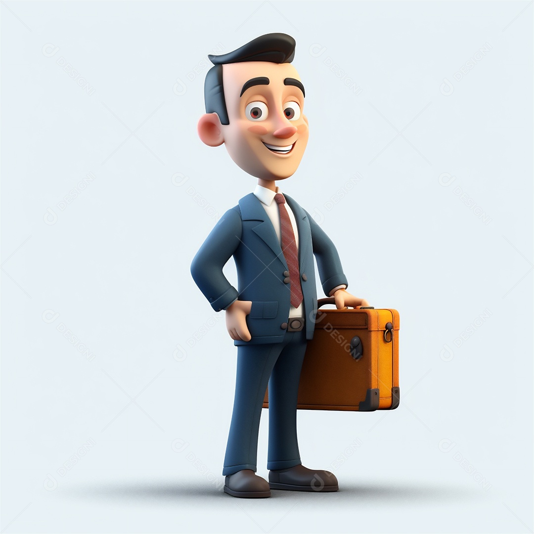 Homem de negócios sorridente segurando maleta isolada no fundo branco. Estilo de desenho animado 3D.