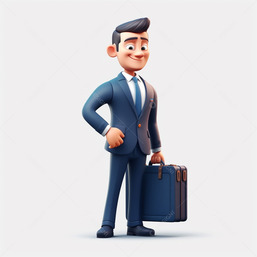 Homem de negócios sorridente segurando maleta isolada no fundo branco. Estilo de desenho animado 3D.