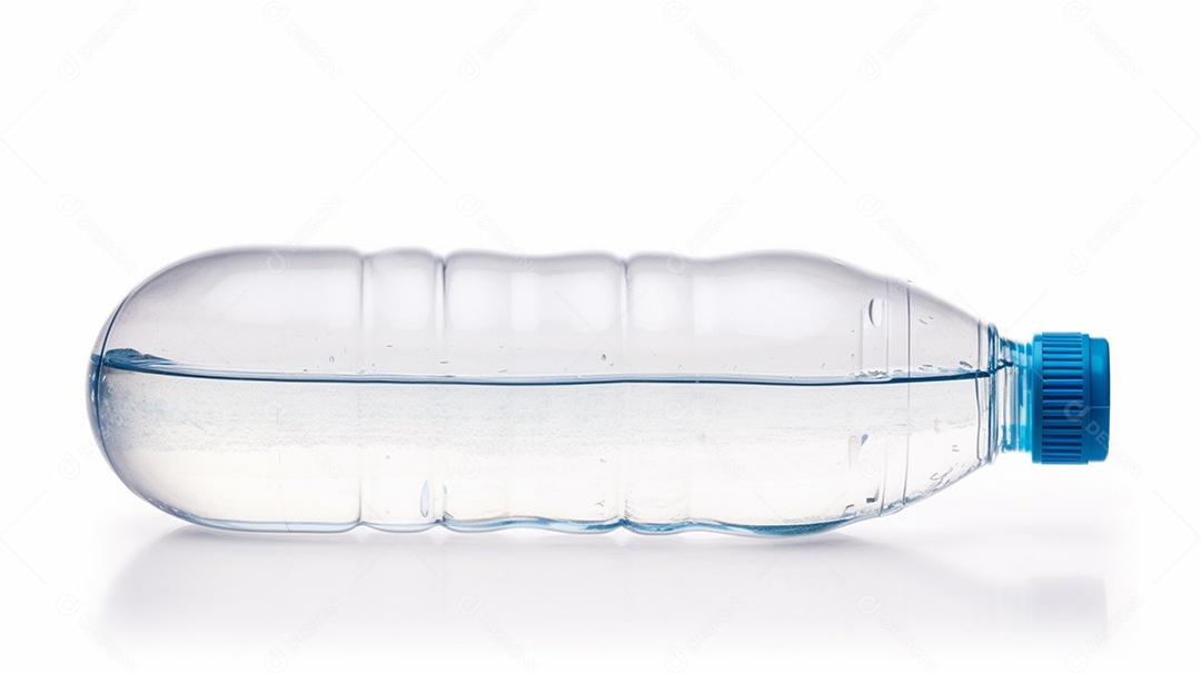 Garrafa plástica de água isolada em fundo branco com traçado de recorte.