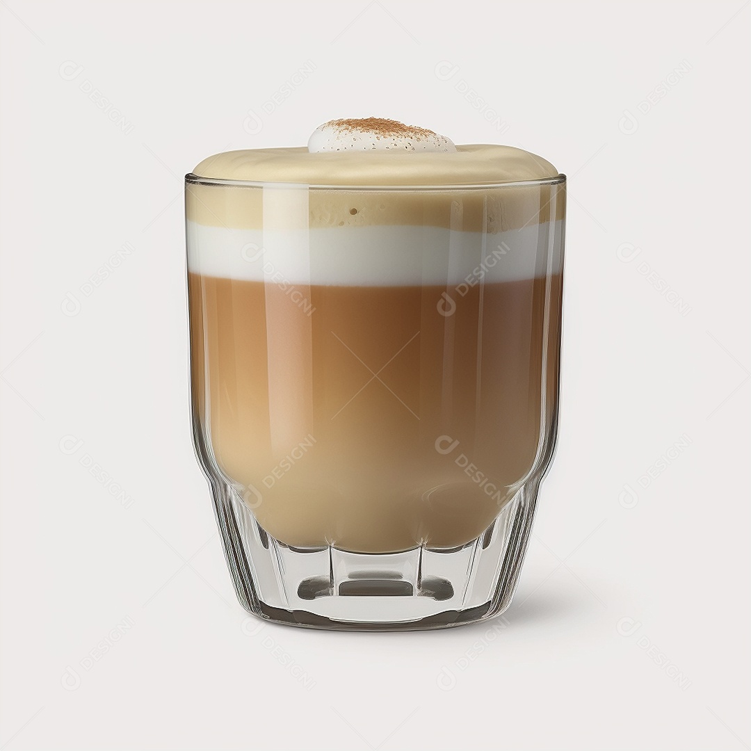 Café com leite em um copo isolado sobre fundo branco.