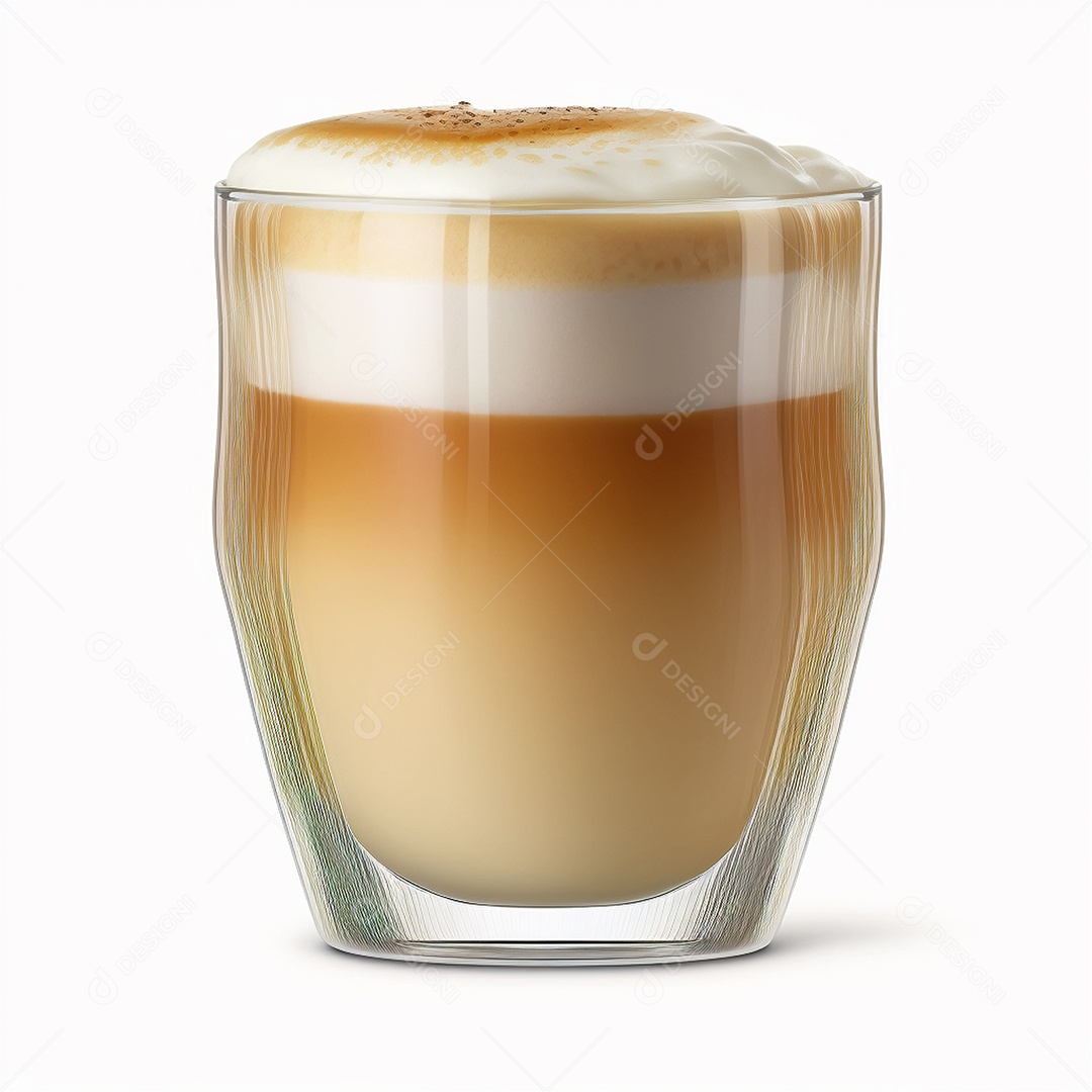 Café com leite em um copo isolado sobre fundo branco.