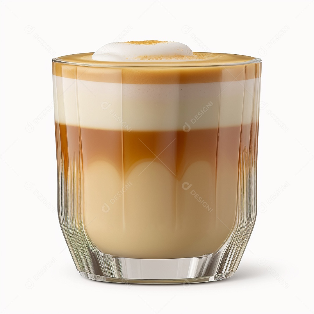 Café com leite em um copo isolado sobre fundo branco.
