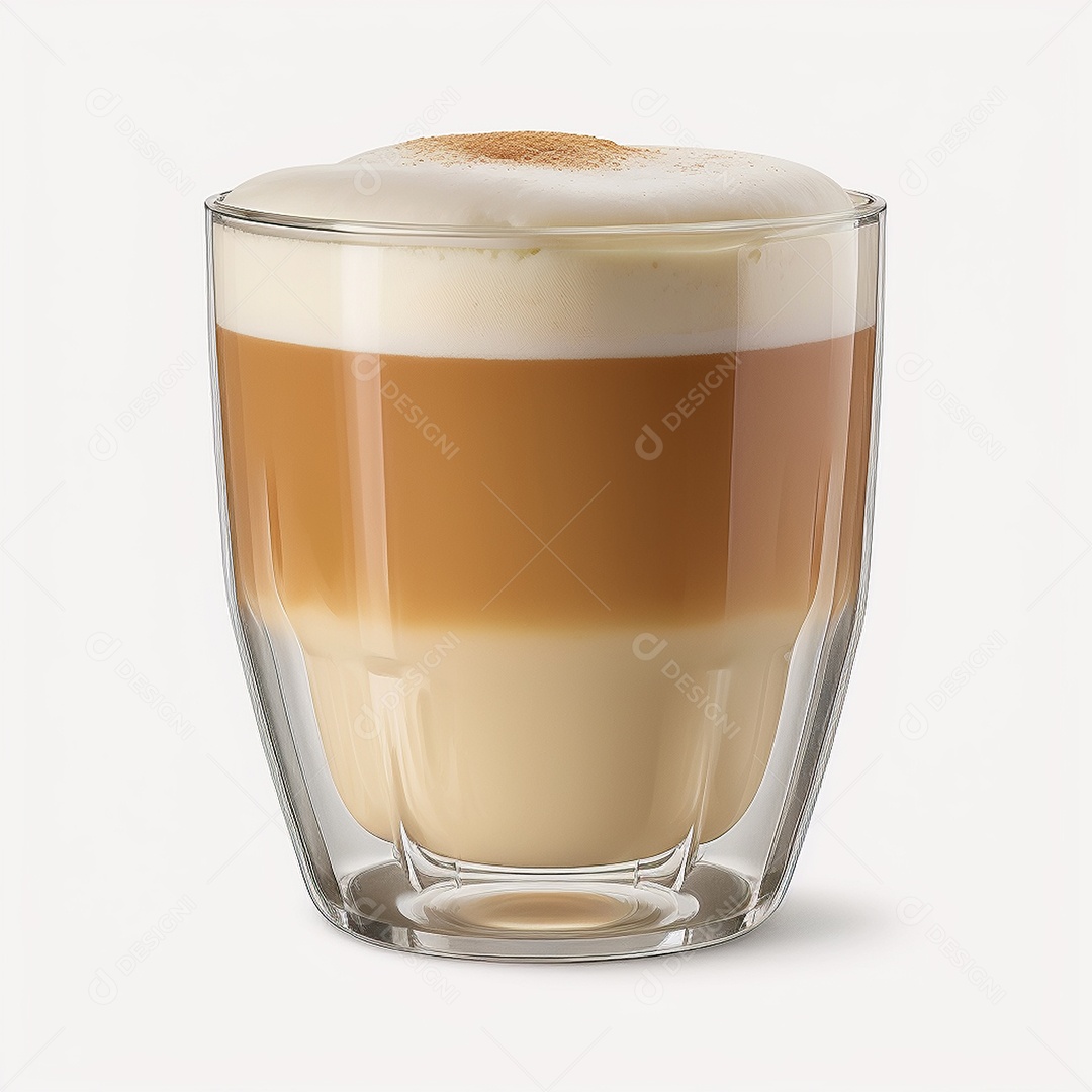 Café com leite em um copo isolado sobre fundo branco.