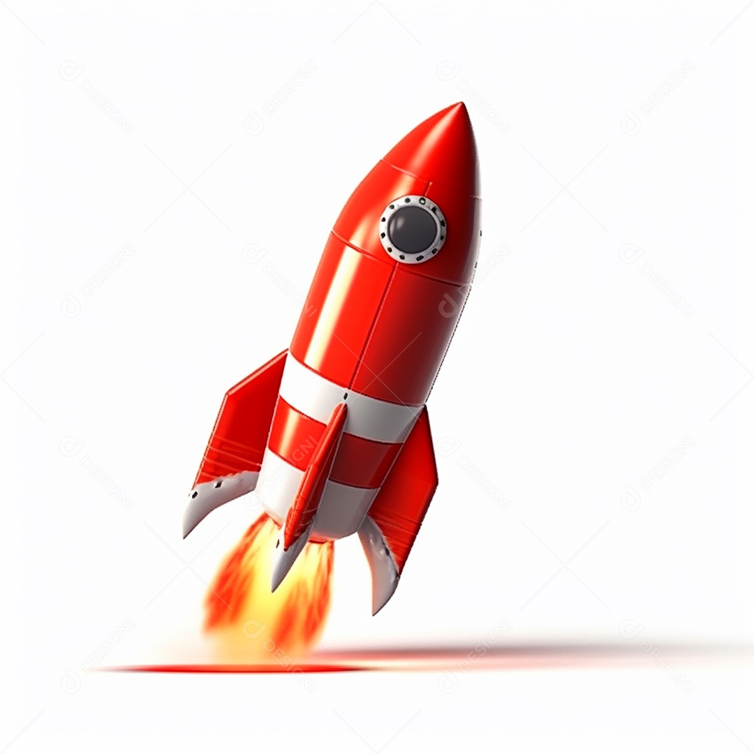 Foguete vermelho voando alto no céu com fumaça isolada em fundo branco