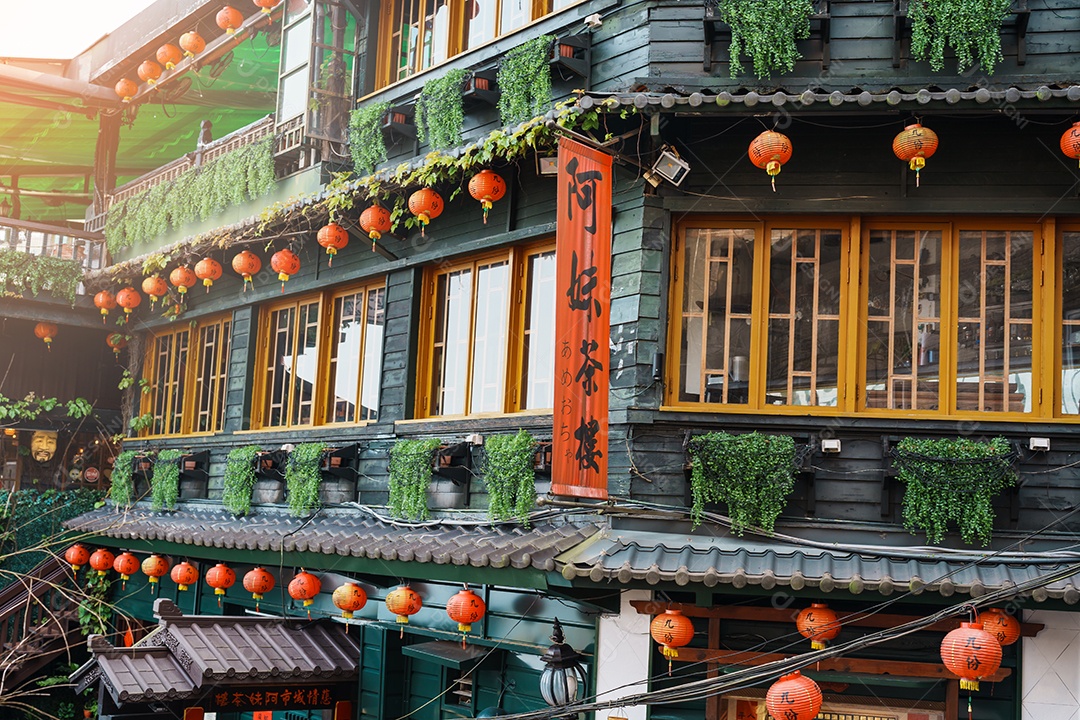 Aldeia de Jiufen Old Street com casa de chá. marco e popular