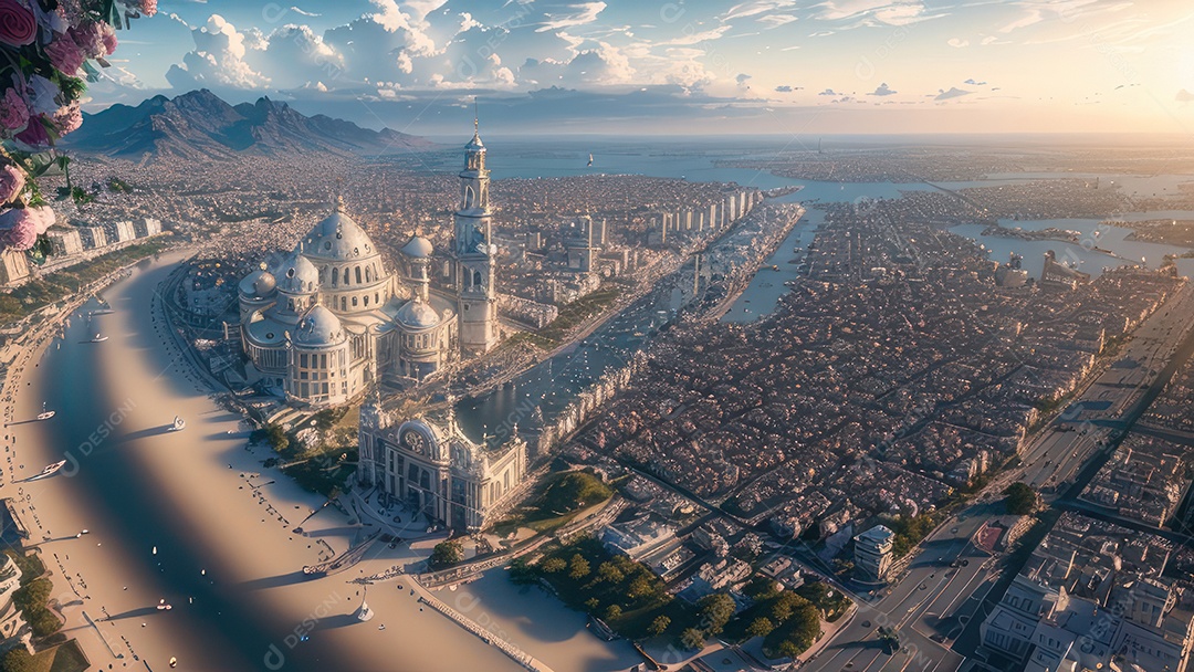 Linda imagem realista vista aérea de uma cidade.