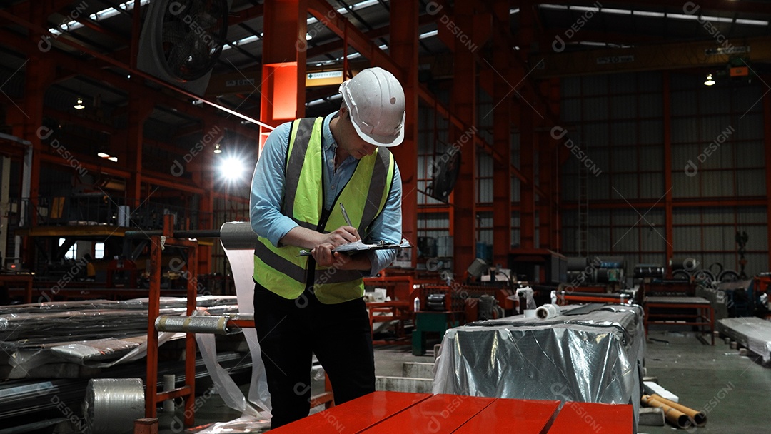 Engenheiros industriais pesados ​​estão juntos em uma fábrica de aço.