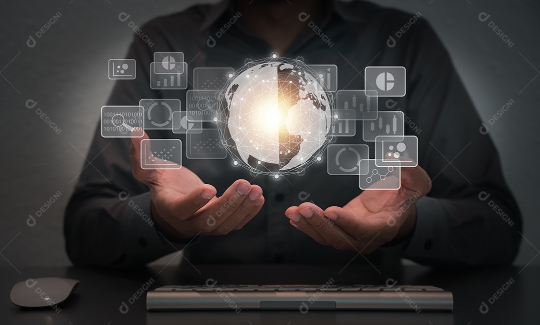 Empresário segurando conexão de rede global. Análise de big data e conceito de inteligência de negócios.