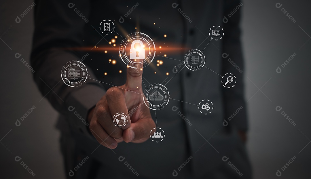 Processamento digital futurista do scanner de impressão digital de identificação biométrica para acessar dados financeiros pessoais.