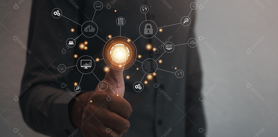 Processamento digital futurista do scanner de impressão digital de identificação biométrica para acessar dados financeiros pessoais.