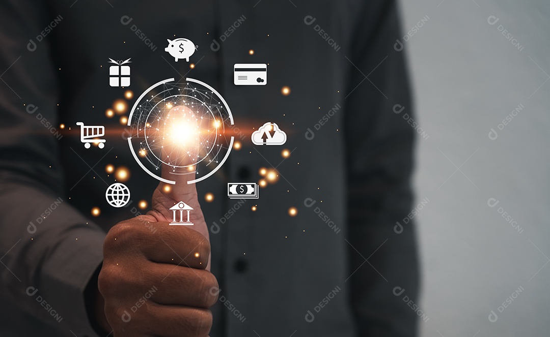 Processamento digital futurista do scanner de impressão digital de identificação biométrica para acessar dados financeiros pessoais.