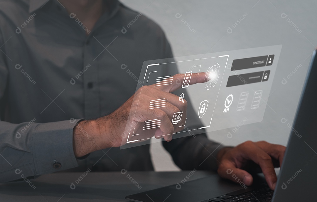 A digitalização do dedo do usuário permite entrada de acesso, segurança na tecnologia de inovação da Internet