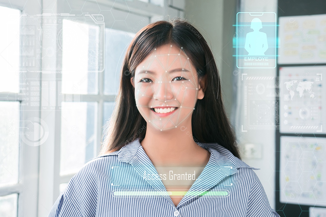 Tecnologia de reconhecimento facial do sorriso de mulher de negócios asiáticos.