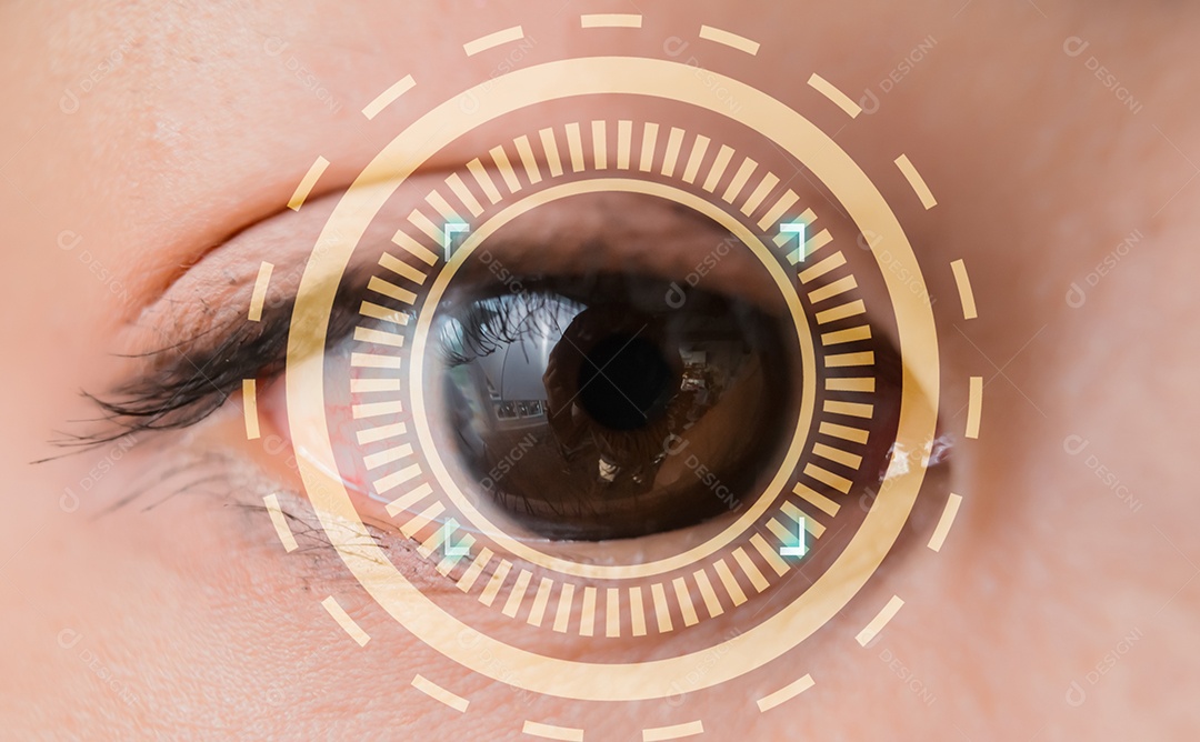 Mulheres asiáticas com scanner de visão futurista, fundo de tela de negócios de tecnologia digital