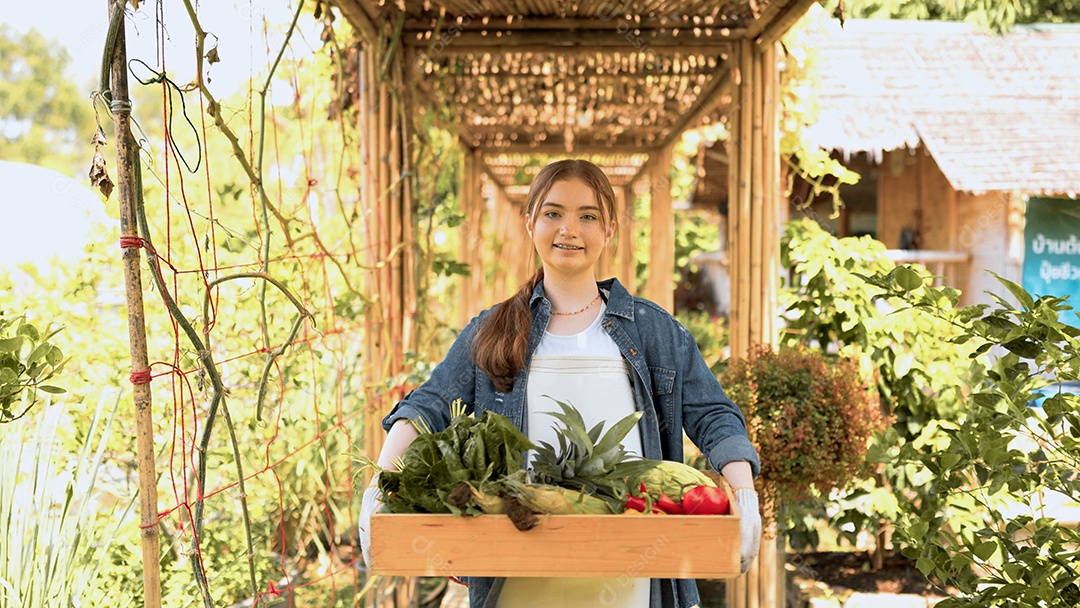Mulher jovem agricultora colhendo vegetais na fazenda
