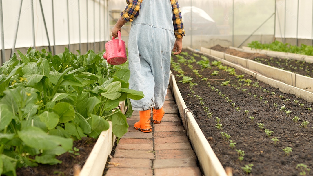 Menino criança caminha derramando regador no jardim