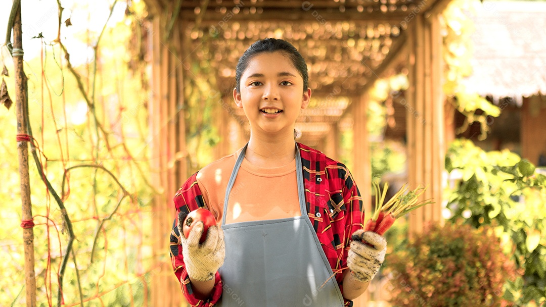 Mulher jovem feliz segurando cenouras frescas e tomates vegetais orgânicos da fazenda.