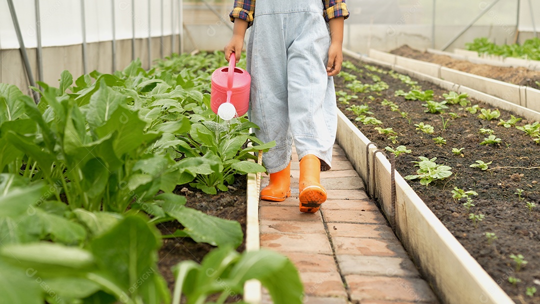 Menino criança caminha derramando regador no jardim, ela ajuda os pais a cultivar vegetais
