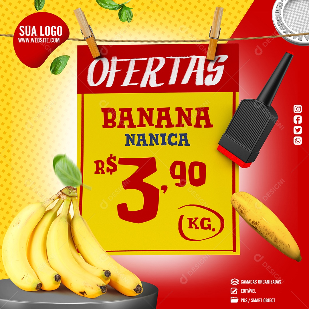 Ofertas Banana Nanica 3,90 KG Hortifruti Social Media PSD Editável