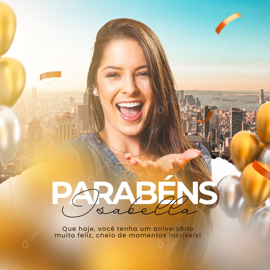 Parabéns Isabella Tenha um Feliz Aniversário Social Media PSD Editável