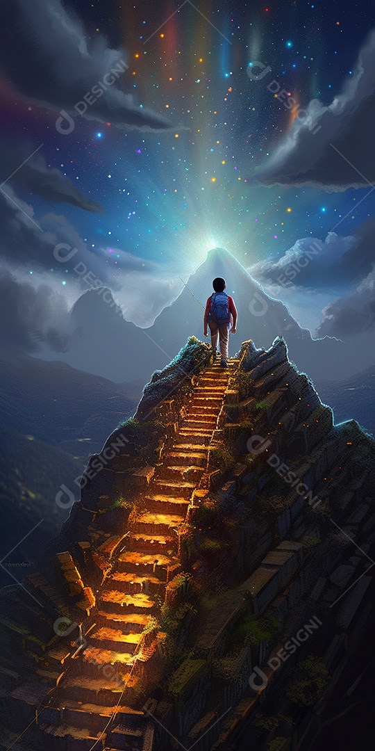 Criança vendo Machu Picchu de uma escada muito grande.