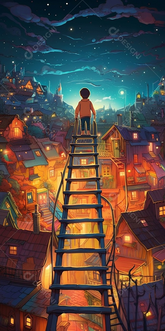 Criança vendo a Favela no Rio de Janeiro de uma escada muito grande