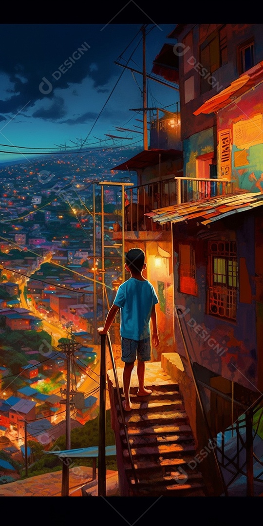 Criança vendo a Favela no Rio de Janeiro de uma escada muito grande