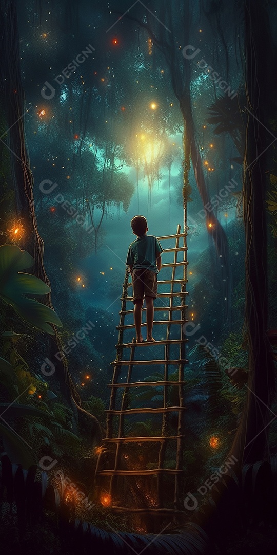 Criança vendo a floresta amazônica de uma escada muito grande.