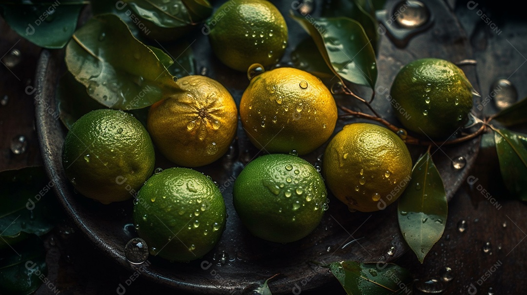 Cesto com limões em cima de uma mesa de madeira.