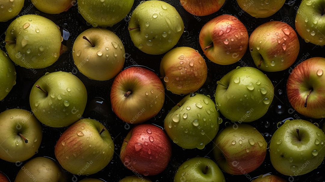 Maçãs vermelhas e verdes frescas. Frutas com gotas.