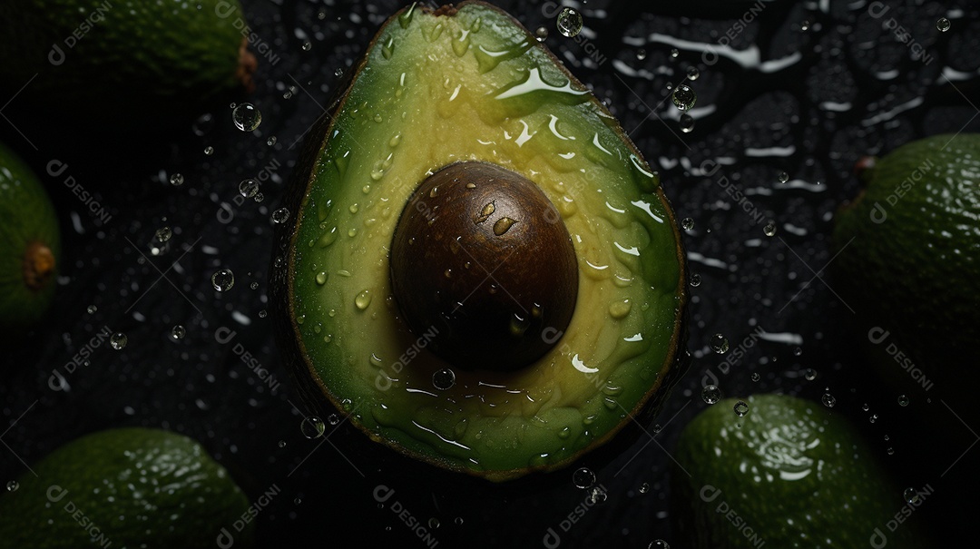Abacate molhado fresco. Frutas com gotas. Fundo escuro.