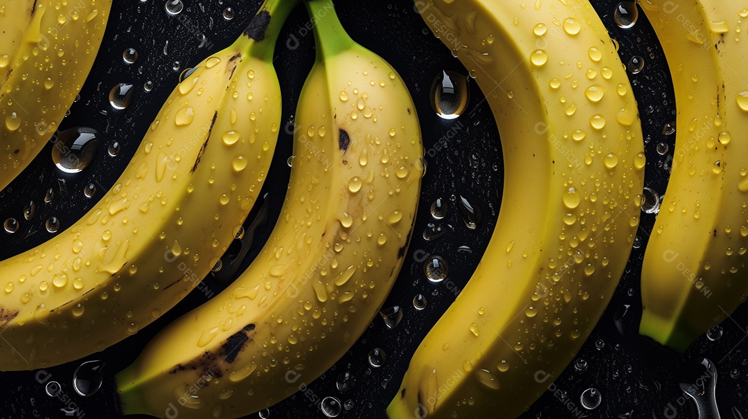 Bananas molhadas frescas. Frutas com gotas. Fundo escuro.