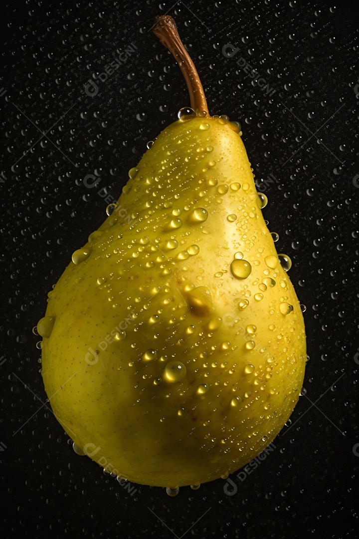 Pera molhada fresca. Com gotas. Fundo escuro.