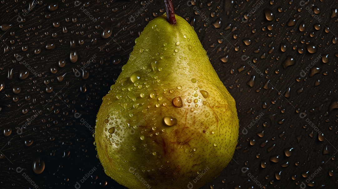 Pera molhada fresca. Com gotas. Fundo escuro.