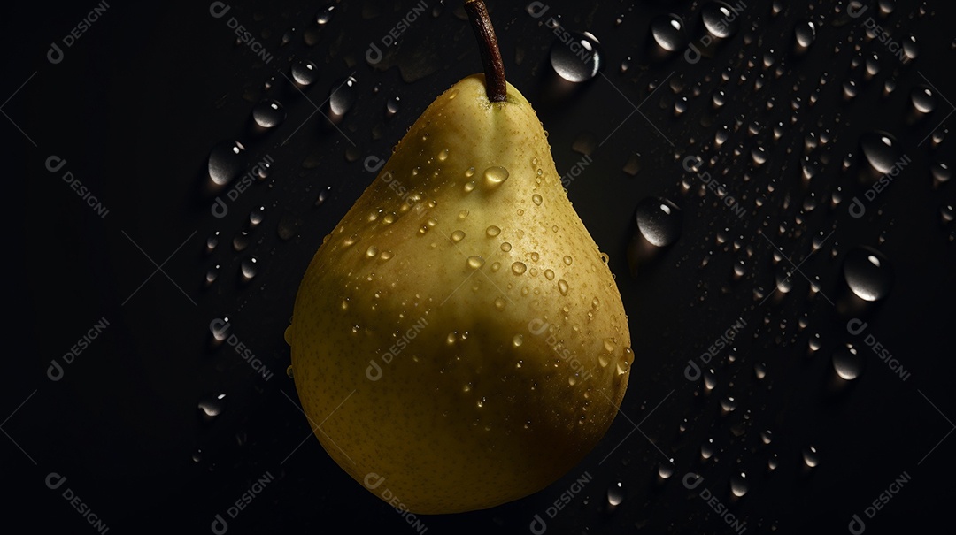 Pera molhada fresca. Com gotas. Fundo escuro.