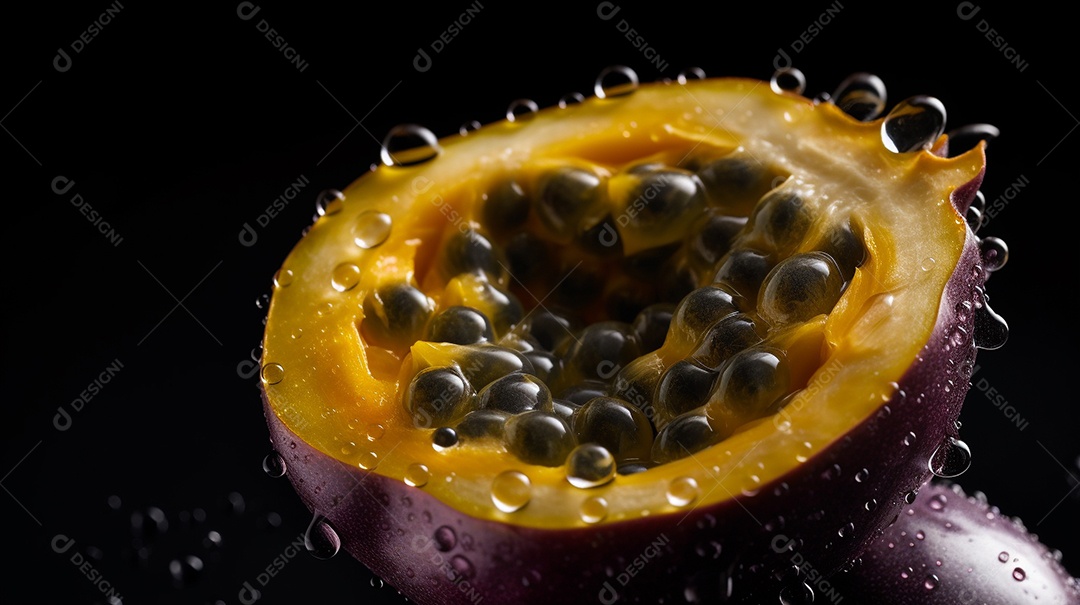 Maracujá fresco em fundo escuro. Fruta tropical.