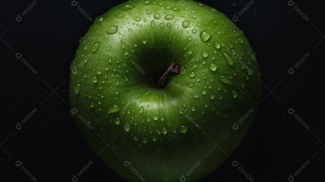 Maçã verde fresca. Fruta com gotas.