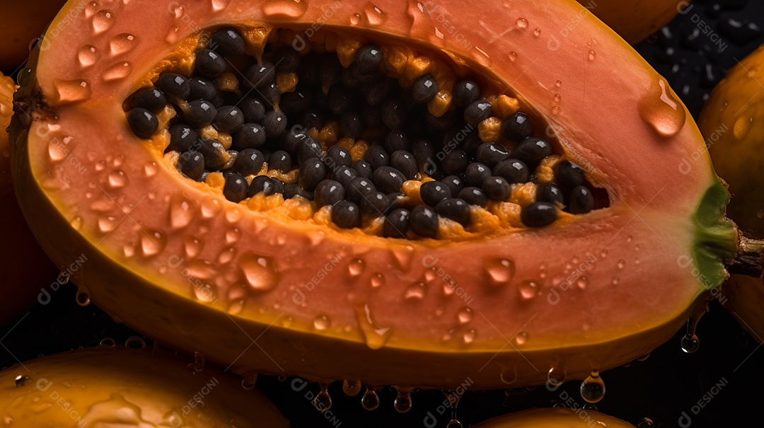 Mamão fresco em fundo escuro. Fruta tropical.