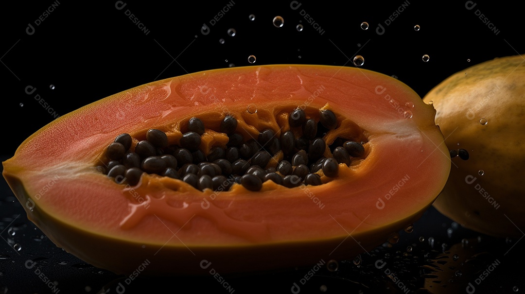 Mamão fresco em fundo escuro. Fruta tropical.