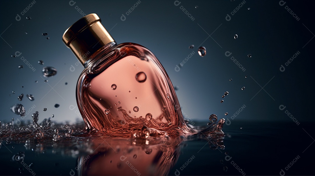 Um frasco de perfume em pé na água contra um fundo escuro