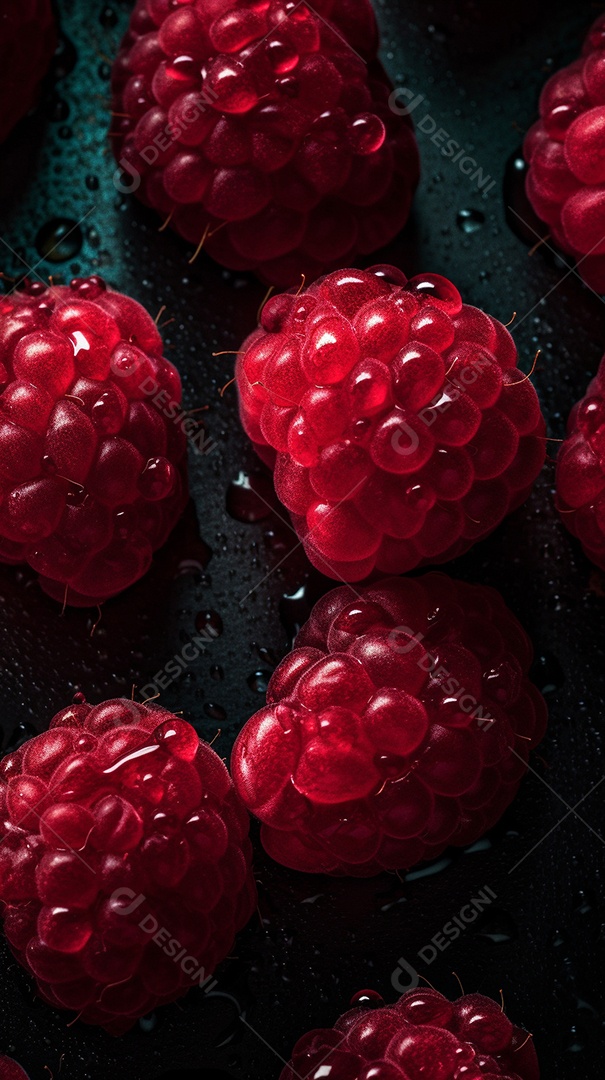 Framboesa fresca em fundo escuro. Fruta tropical.