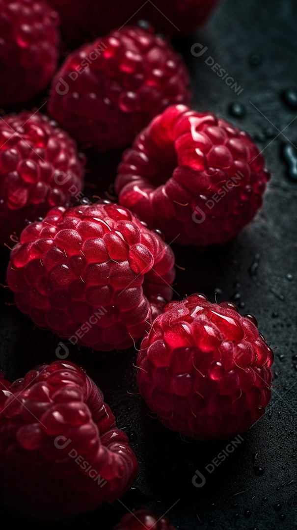 Framboesa fresca em fundo escuro. Fruta tropical.