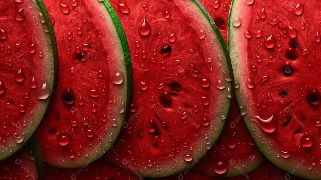 Pedaços frescos de melancia com gotas de água.