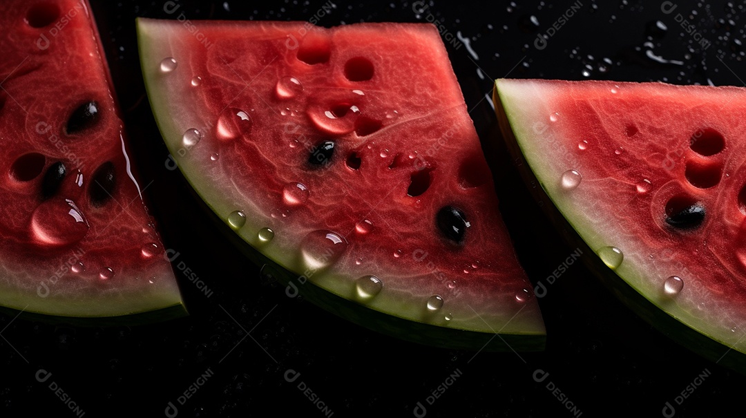 Pedaços frescos de melancia com gotas de água.