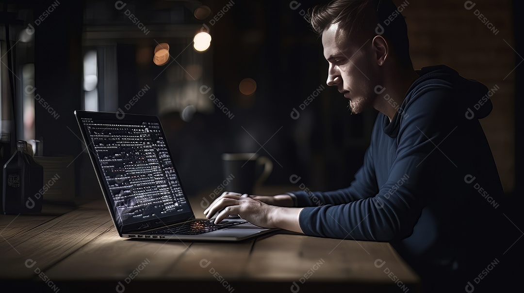 Desenvolvedor de site trabalhando usando laptop no escritório em madeira.