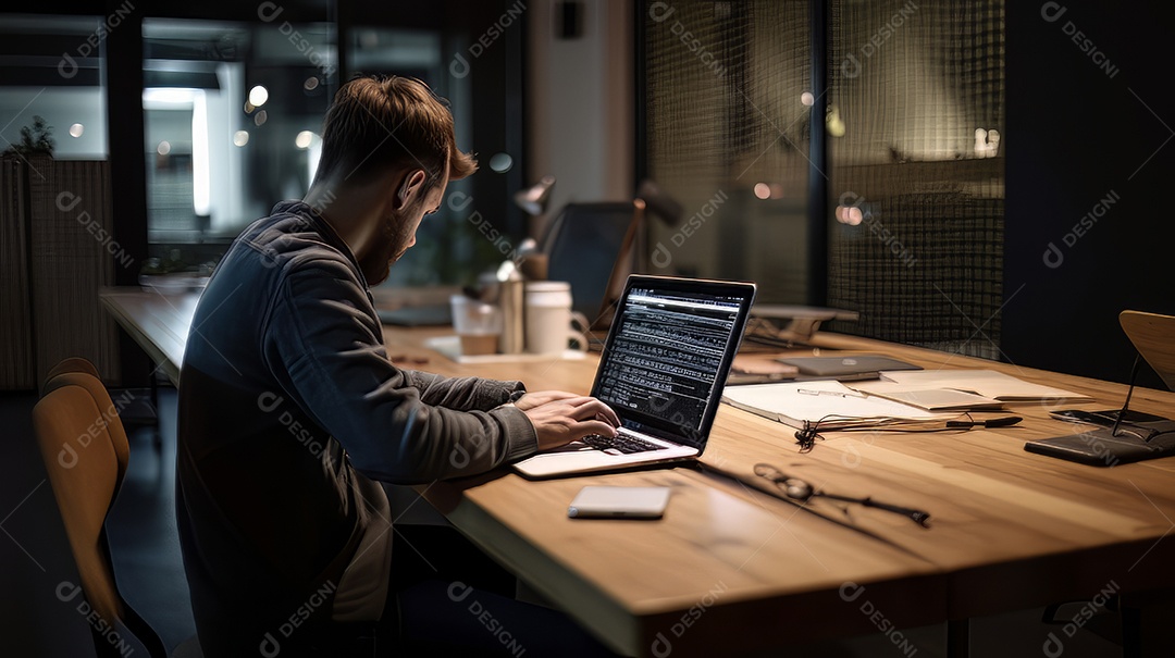 Desenvolvedor de site trabalhando usando laptop no escritório em madeira.