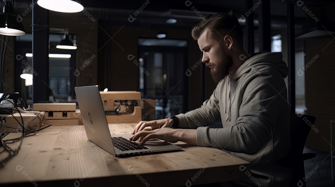 Desenvolvedor de site trabalhando usando laptop no escritório em madeira.