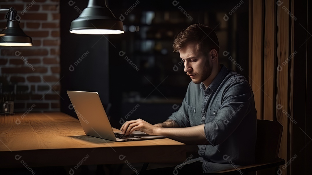 Desenvolvedor de site trabalhando usando laptop no escritório em madeira.